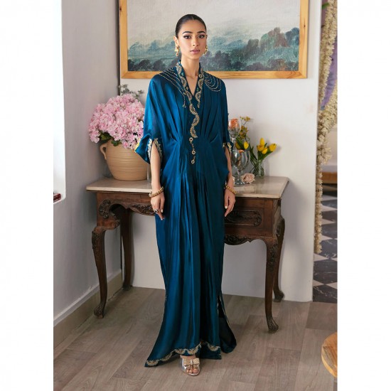 Neckline Sleeves and Floor Grazing Hem Decorated with Delicately Embroidered Subtly Shimmering Gold Borders Women Kaftan