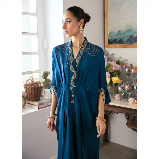 Neckline Sleeves and Floor Grazing Hem Decorated with Delicately Embroidered Subtly Shimmering Gold Borders Women Kaftan
