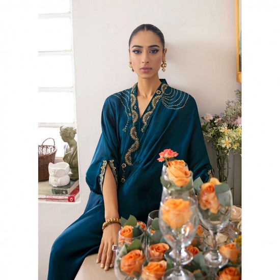 Neckline Sleeves and Floor Grazing Hem Decorated with Delicately Embroidered Subtly Shimmering Gold Borders Women Kaftan