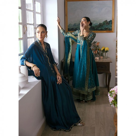 Neckline Sleeves and Floor Grazing Hem Decorated with Delicately Embroidered Subtly Shimmering Gold Borders Women Kaftan