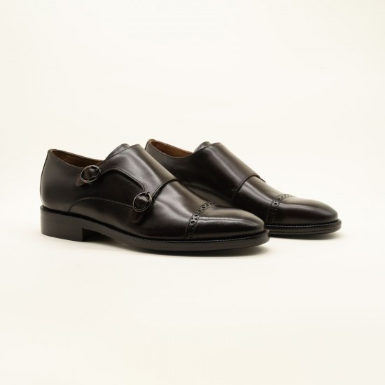 Best Brown Leather Double Monk Strap Shoes - Elegant Brogue Details with Leather Sole - Perfect for Business & Formal Attire