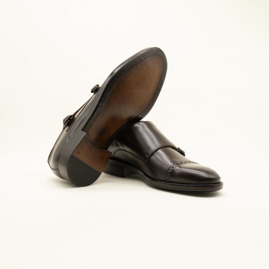 Best Brown Leather Double Monk Strap Shoes - Elegant Brogue Details with Leather Sole - Perfect for Business & Formal Attire