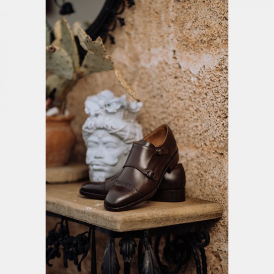 Best Brown Leather Double Monk Strap Shoes - Elegant Brogue Details with Leather Sole - Perfect for Business & Formal Attire
