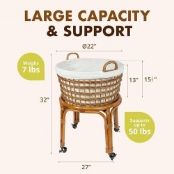 Mobile Rolling Wicker Laundry Hamper with Cotton Liner and Wheels for Clothes or Blankets