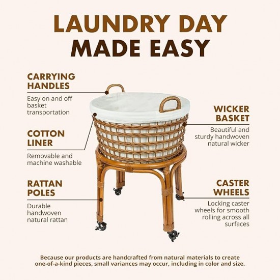 Mobile Rolling Wicker Laundry Hamper with Cotton Liner and Wheels for Clothes or Blankets
