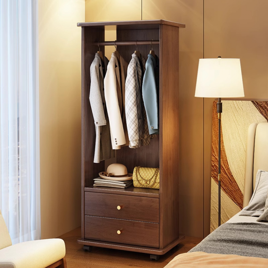 Solid Wood Single-Tier Coat Rack Integrated Dressing Mirror Large Capacity Movable Bedroom Bedside Clothes Rack for Living Room