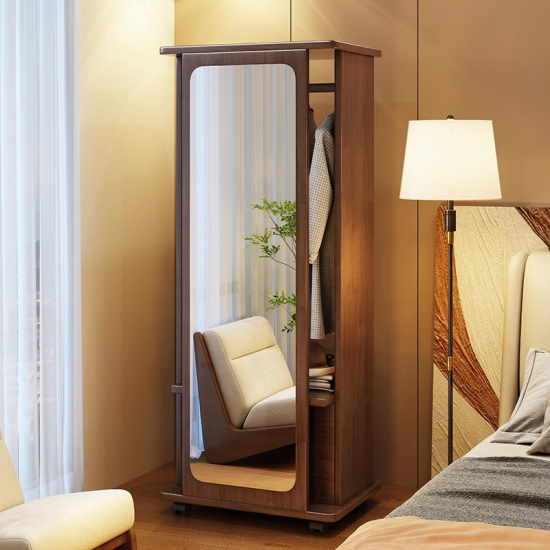 Solid Wood Single-Tier Coat Rack Integrated Dressing Mirror Large Capacity Movable Bedroom Bedside Clothes Rack for Living Room