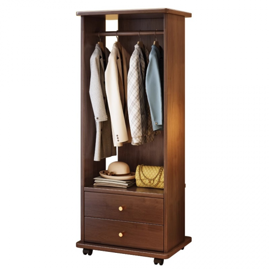 Solid Wood Single-Tier Coat Rack Integrated Dressing Mirror Large Capacity Movable Bedroom Bedside Clothes Rack for Living Room