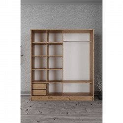 Zambak Sliding Wardrobe-11 Multi-Shelf-2 Drawer and Hanging Pine Case Grey-Grey Door Multi-Functional Minimalist Closet Solution