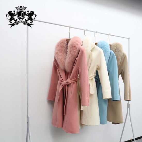 Wholesale Fashion Custom Women Winter Wool Jacket Clothes Ladies Warm  Real Fur Collar Jacket