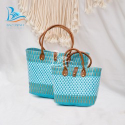 Cyan Color Handwoven Plastic Bag with Single PVC Lining Strap