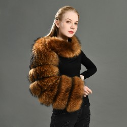 Stylish Design Plush Real Raccoon Fur Coat Custom Colors Winter Autumn Fluffy Soft Round Neck Women Red Fox Fur Sleeve