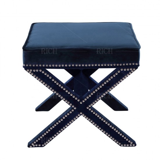 Nordic Style Shoe Changing Stool Footstool Cross X Leg Ottoman Upholstered Stool Navy Blue Velvet Stool Ottoman