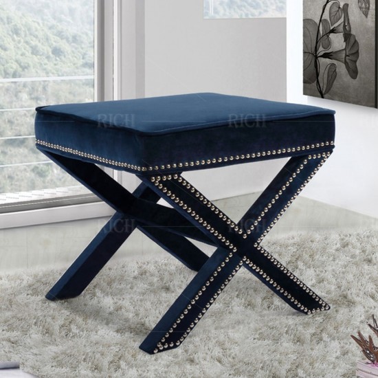 Nordic Style Shoe Changing Stool Footstool Cross X Leg Ottoman Upholstered Stool Navy Blue Velvet Stool Ottoman