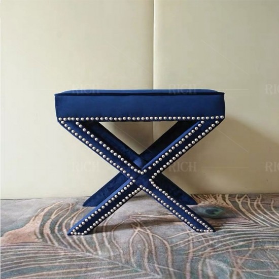 Nordic Style Shoe Changing Stool Footstool Cross X Leg Ottoman Upholstered Stool Navy Blue Velvet Stool Ottoman