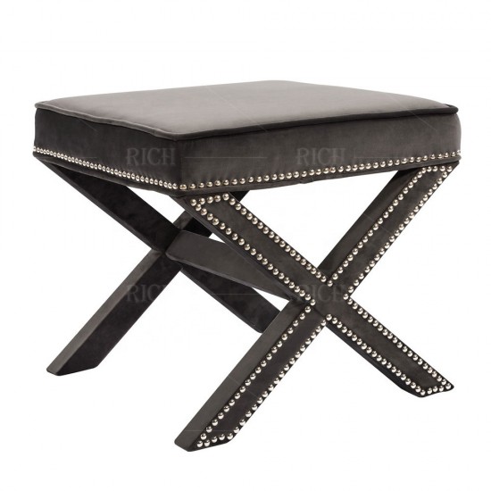 Nordic Style Shoe Changing Stool Footstool Cross X Leg Ottoman Upholstered Stool Navy Blue Velvet Stool Ottoman