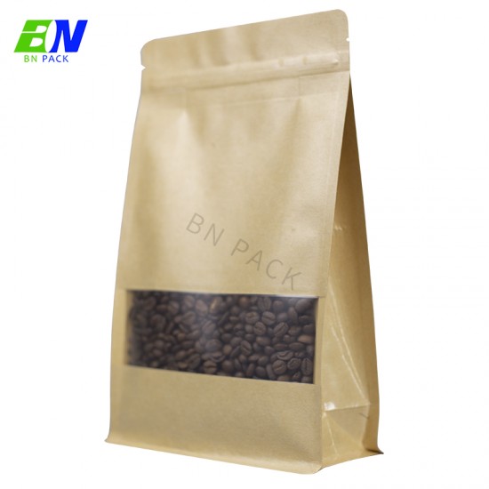 Stock Doypack Pouch Stand up Brown Kraft Paper Packaging Food Bag with Zipper Window