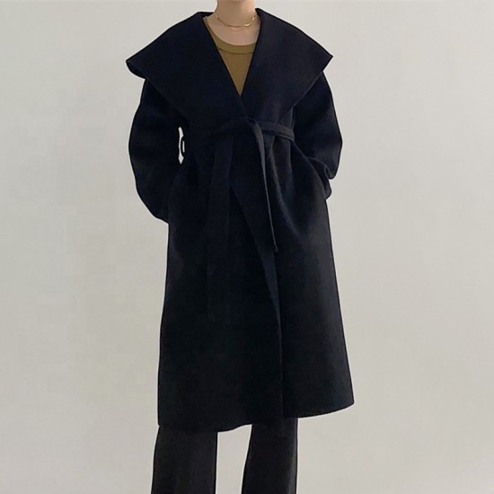 Elegant Belted Cashmere Long Coat Women New Style Office Winter Woolen Coat