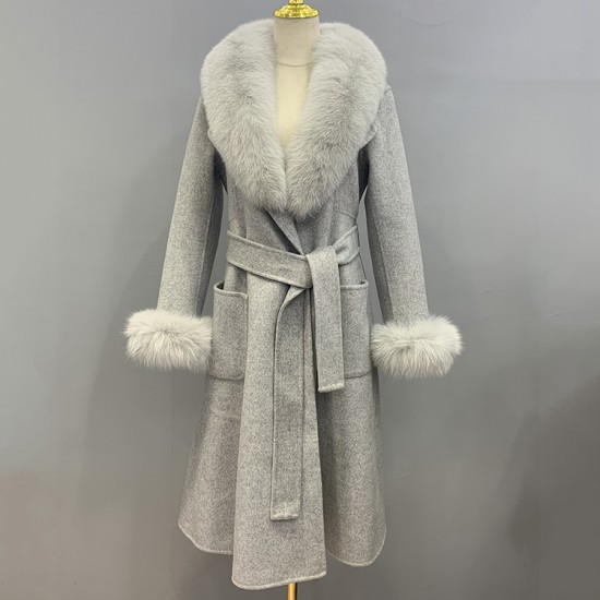 Hot Sale Elegant Women Long Wool Cashmere Coat With Real Fox Fur Collar