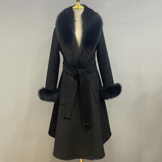 Hot Sale Elegant Women Long Wool Cashmere Coat With Real Fox Fur Collar