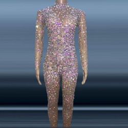 Novance Supplier Clothes Sparkly Colored Crystal Embellished Jumpsuit Shiny Rhinestone Sequined Stage Dance Costumes for Women