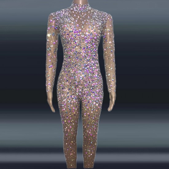 Novance Supplier Clothes Sparkly Colored Crystal Embellished Jumpsuit Shiny Rhinestone Sequined Stage Dance Costumes for Women