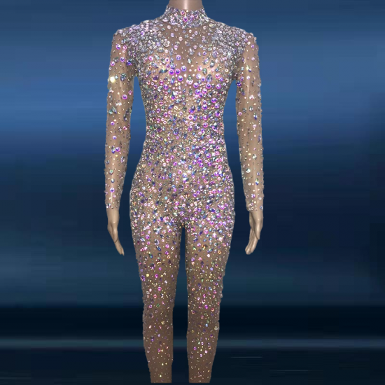 Novance Y2292 Woman Tops Fashionable Long Sleeve Diamante Camisola Sexy Jumpsuit Wedding Dress for Club Performance Fashion Show