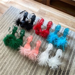 Luxurious European and American Summer Ladies Sandals Ostrich Feather High Heel Shoes Stiletto Heels Shoes