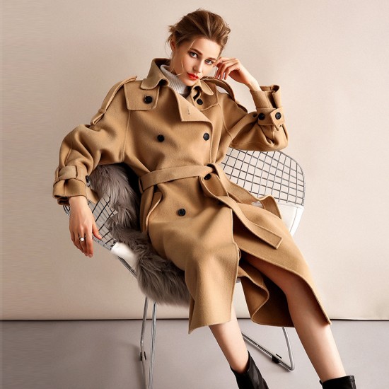 Women Spring Autumn Long 100% Real Wool Cashmere Trench Coat Real Wool Coat