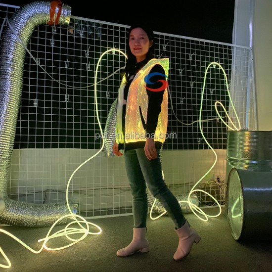 Custom Glow Futuristic Sleeveless Hooded Jacket for Rave Party Mens Clothing, LED Zip-Up Streetwear