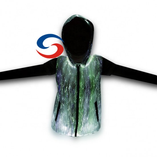 Custom Glow Futuristic Sleeveless Hooded Jacket for Rave Party Mens Clothing, LED Zip-Up Streetwear