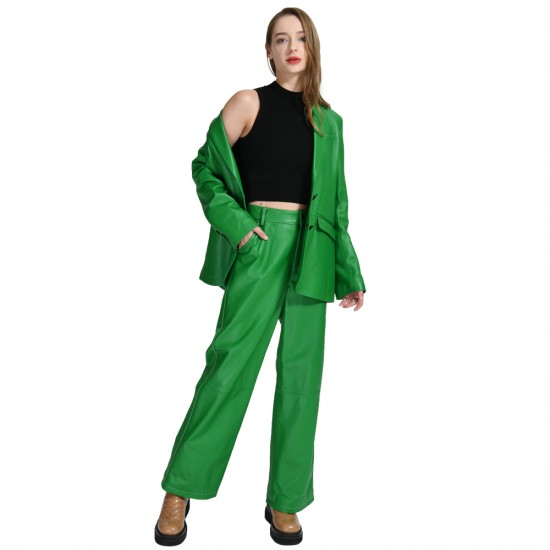 Wholesale High Quality Genuine Sheep Leather V-neck Custom Color Fashion Women 2pc Jackets and Leather Pant Set