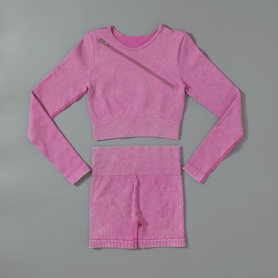 6 PCS Gym Clothes Acid Washed Outfit Ribbed Seamless Yoga Set Crop Top Bra Hip Lift Pants Gym Set Gym Wear for Ladies