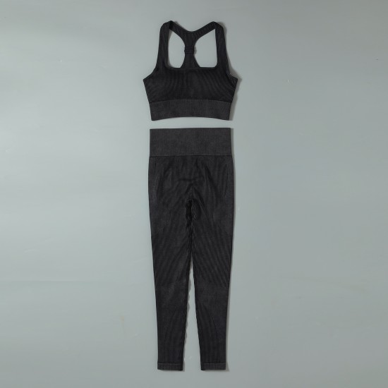 6 PCS Gym Clothes Acid Washed Outfit Ribbed Seamless Yoga Set Crop Top Bra Hip Lift Pants Gym Set Gym Wear for Ladies