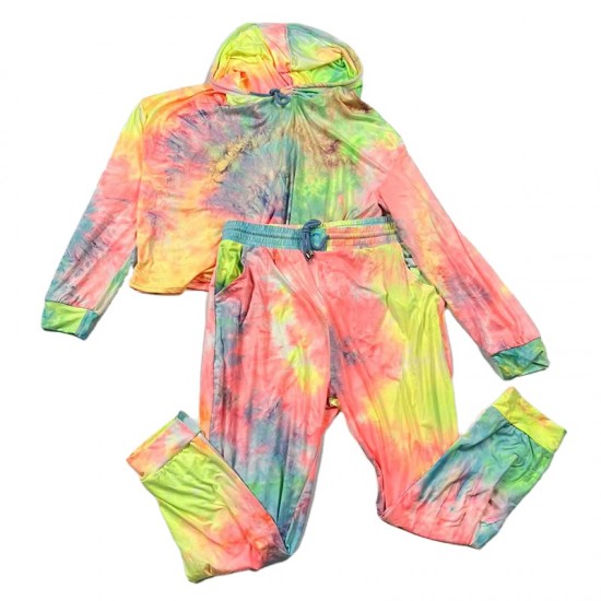 In Stock Women Yummy Brushed Tie Dye Hoodie Long Sleeve Top and Jogger Long Set