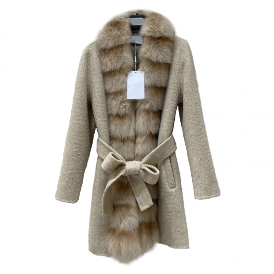 New Style Detachable Fox Fur Collar Belt Slimming Winter Wool Cashmere Coat Women