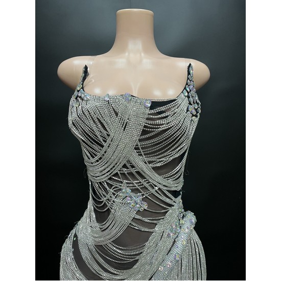 NOCANCE Designer Clothes Black See Through Hot Slit Shiny Diamond Tassels Tube Top Dresses Women Sexy Cocktail Dresses for Party