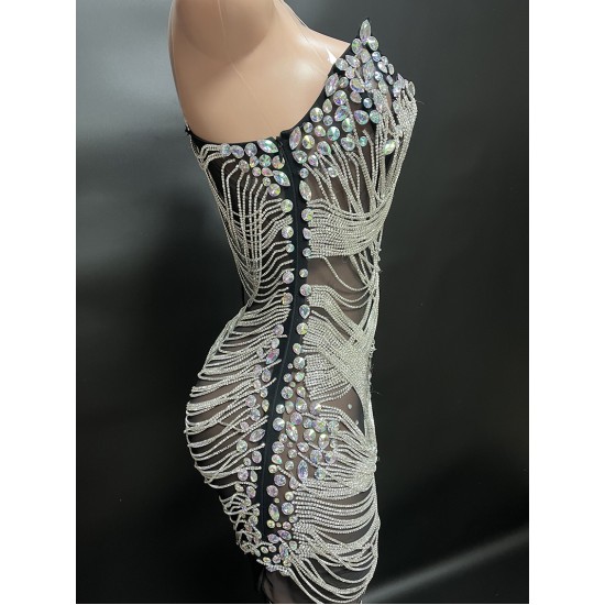 NOCANCE Designer Clothes Black See Through Hot Slit Shiny Diamond Tassels Tube Top Dresses Women Sexy Cocktail Dresses for Party