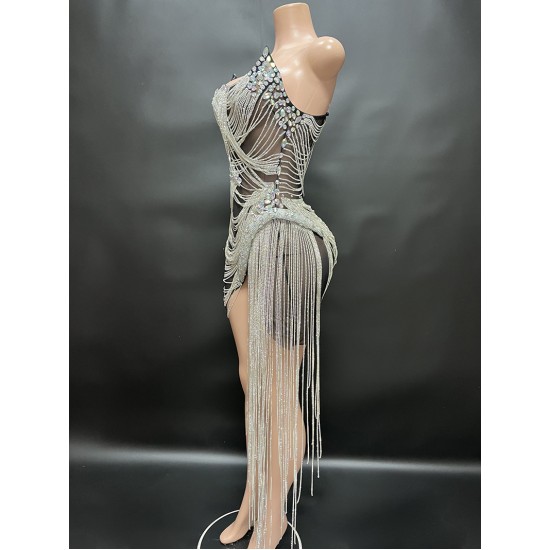 NOCANCE Designer Clothes Black See Through Hot Slit Shiny Diamond Tassels Tube Top Dresses Women Sexy Cocktail Dresses for Party