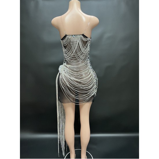 NOCANCE Designer Clothes Black See Through Hot Slit Shiny Diamond Tassels Tube Top Dresses Women Sexy Cocktail Dresses for Party