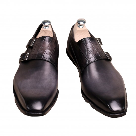 Monk-Strap Shoes Double-button crocodile Texture Stitching Shoes square Head Shoes