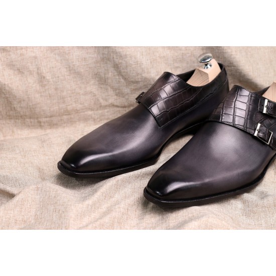 Monk-Strap Shoes Double-button crocodile Texture Stitching Shoes square Head Shoes