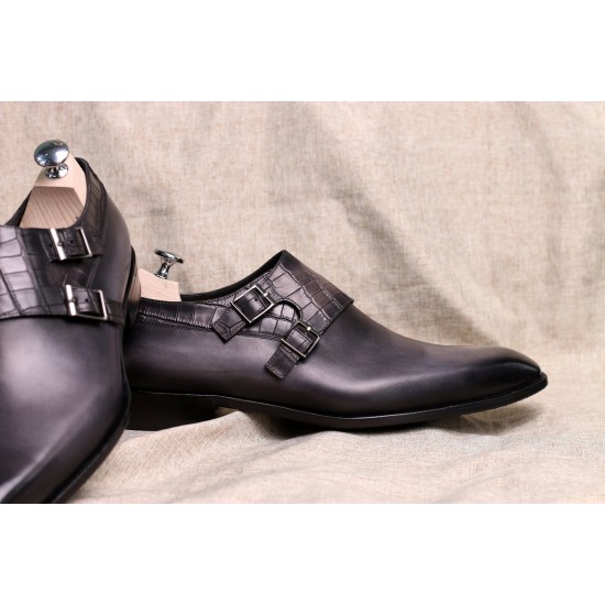 Monk-Strap Shoes Double-button crocodile Texture Stitching Shoes square Head Shoes