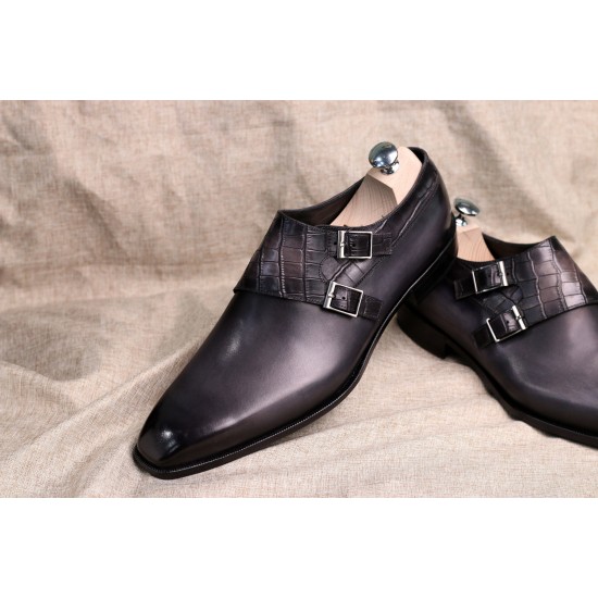 Monk-Strap Shoes Double-button crocodile Texture Stitching Shoes square Head Shoes