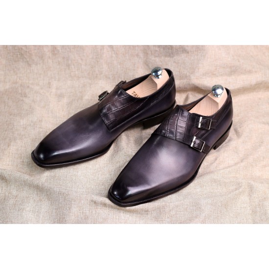 Monk-Strap Shoes Double-button crocodile Texture Stitching Shoes square Head Shoes