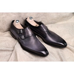 Monk-Strap Shoes Double-button crocodile Texture Stitching Shoes square Head Shoes