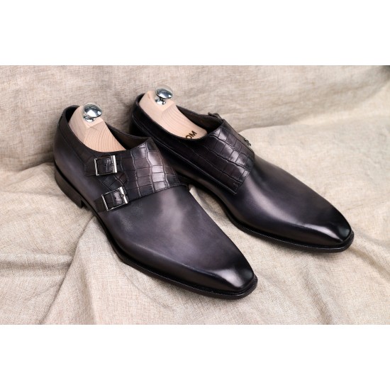 Monk-Strap Shoes Double-button crocodile Texture Stitching Shoes square Head Shoes