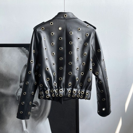 Custom Make Women Black Motorcycle Genuine Sheep Leather Bomber Jacket