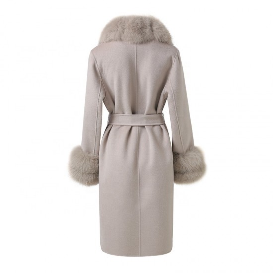 Handmade Fox Fur Collar Cuffs Double Breasted Long Real Cashmere Wool Coat Women