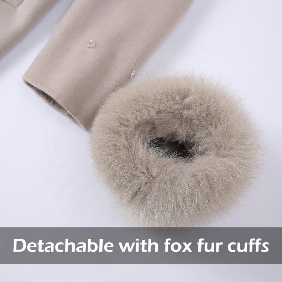 Handmade Fox Fur Collar Cuffs Double Breasted Long Real Cashmere Wool Coat Women